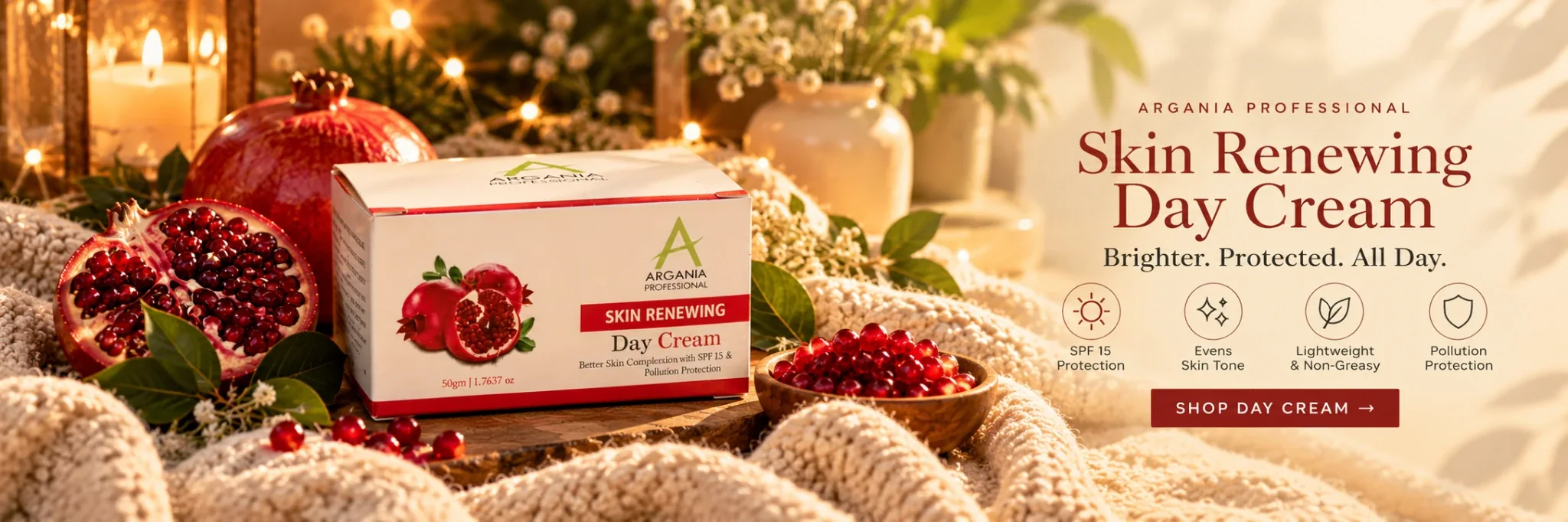 Argania Professional Skin Renewing Day Cream campaign with pomegranate