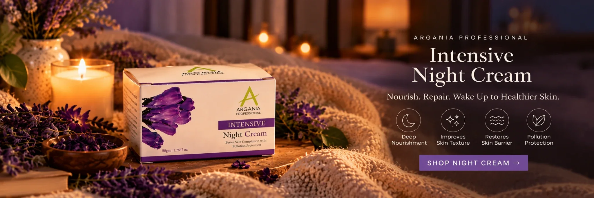 Argania Professional Intensive Night Cream campaign in a lavender evening setting
